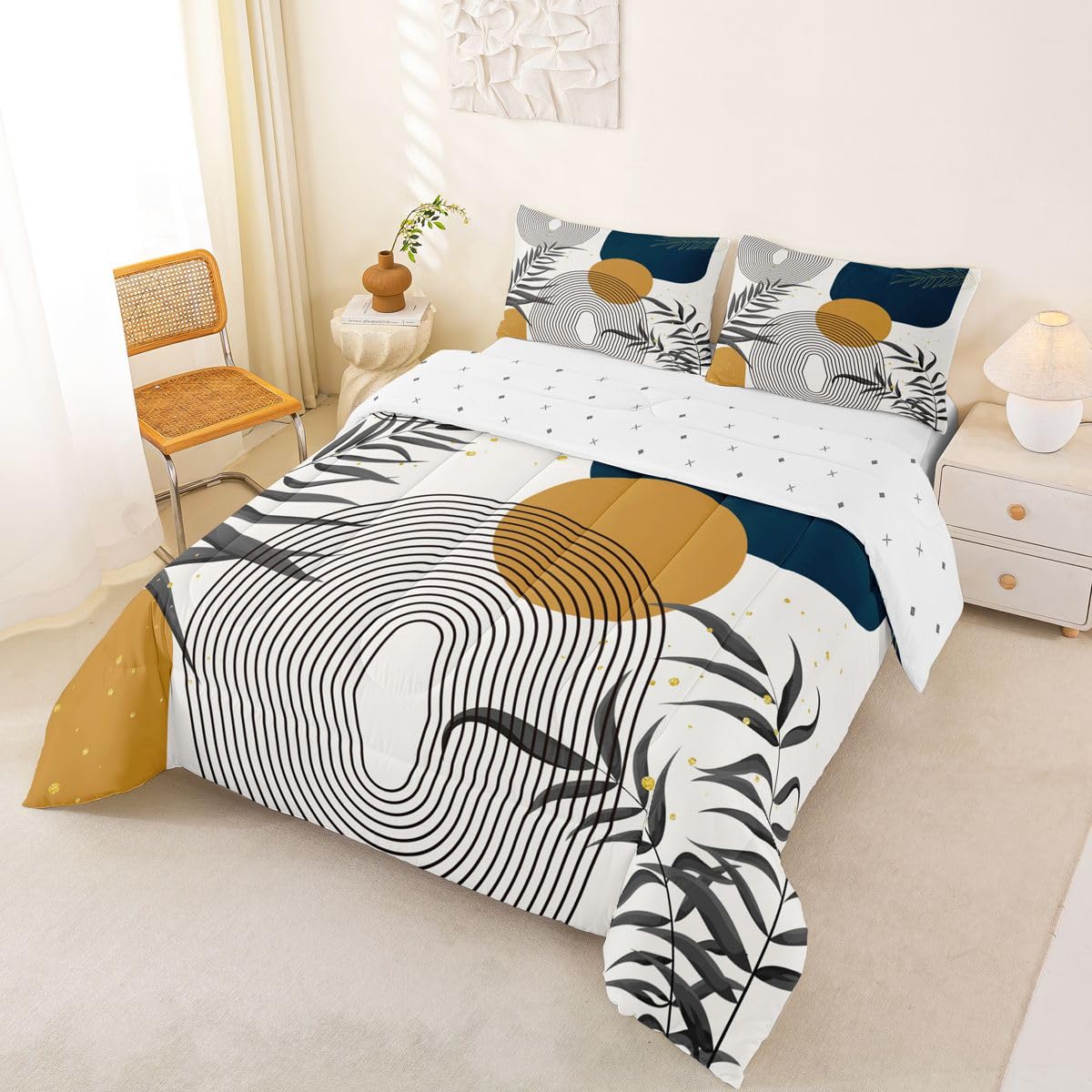 Erosebridal Boho Mid Century Twin Comforter Set, Contemporary Bohemian Minimalist Bedding Set, Abstract Geometric Comforter, Sage Tropical Palm Leaves Retro Elegant Zen Quilt for Kids Teens Adults