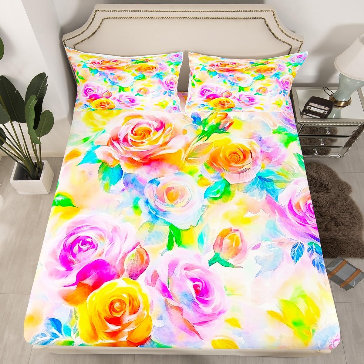 Feelyou Rose Flower Bedding Sheets Girls Women Like Full Yellow Purple Flower Bed Sheet Set Garden Flower Fitted Sheet Pretty Botanical Bed Cover 3Pcs,1 Fitted Sheet+2 Pillow Sham（No Flat Sheet）