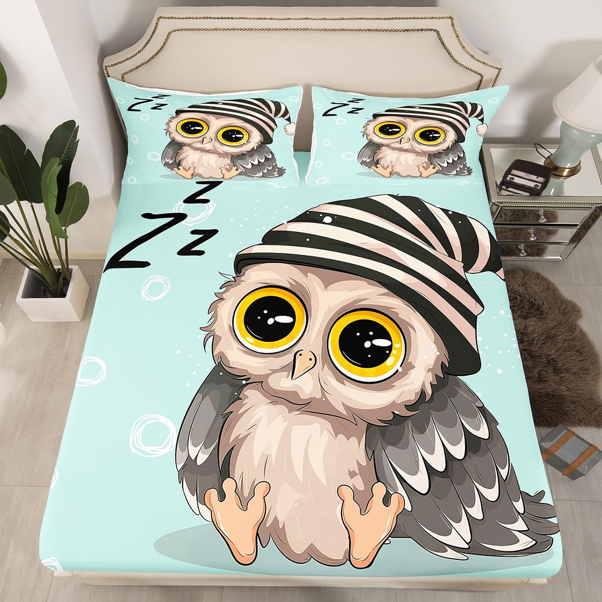 Manfei Owl Sherpa Fitted Sheet Full,Sleeping Sign Bedding Set 3pcs for Kids Teens Girls Room Decor,Contemporary Style Bed Cover Light Green Bed Sheet Set with 2 Pillowcases