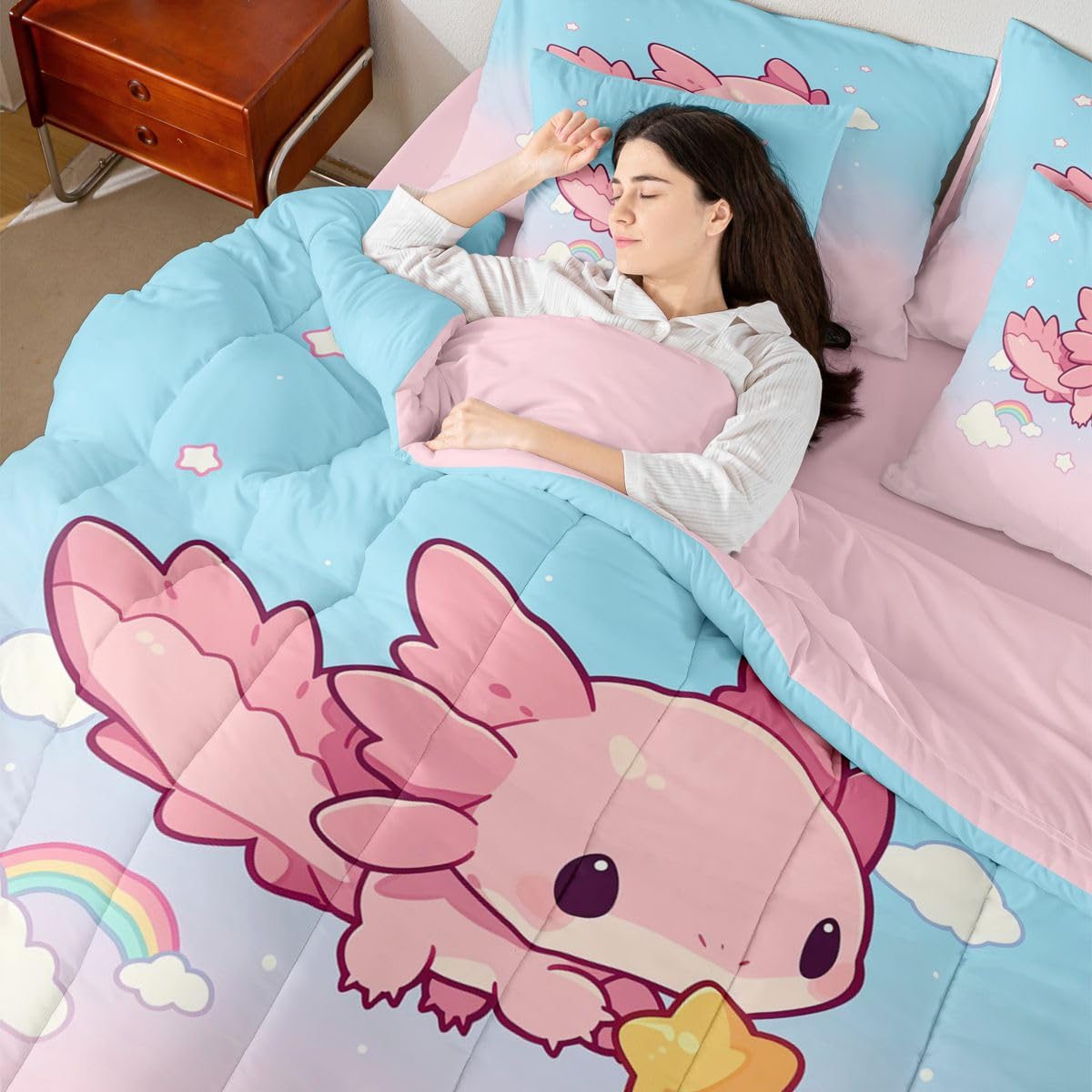 Erosebridal Teen Girl Cute Axolotl Twin Size Bedding Set Kids Pink Blue Princess 7 Pieces Comforter Set with Sheets Cartoon Rainbow Cloud Bed in a Bag Cute Ocean Marine Life Bed Sets