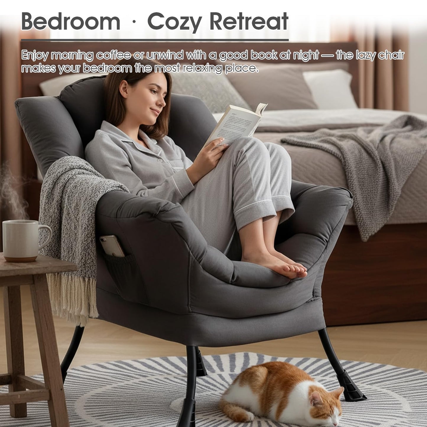 HomEastlly Lazy Chair for Living Room, Large Dark Grey Accent Chair with a Throw Pillow, Leisure Sofa Chair Set, Comfy Reading Chair for Bedroom, Dorm Room, Office