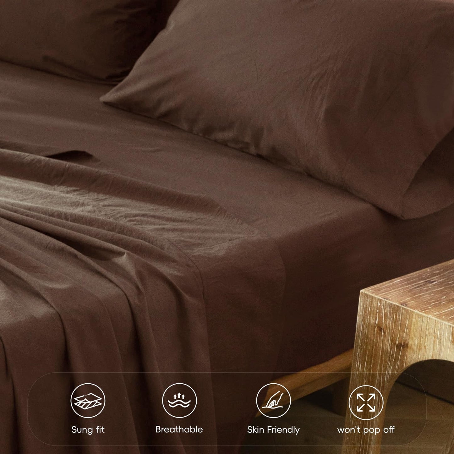 MooMee Fitted Bottom Sheet Only 100% Washed Cotton Linen Like Textured Breathable Durable Soft Comfy Deep Pocket Fits Mattress up to 17" (Cocoa Brown, Queen)