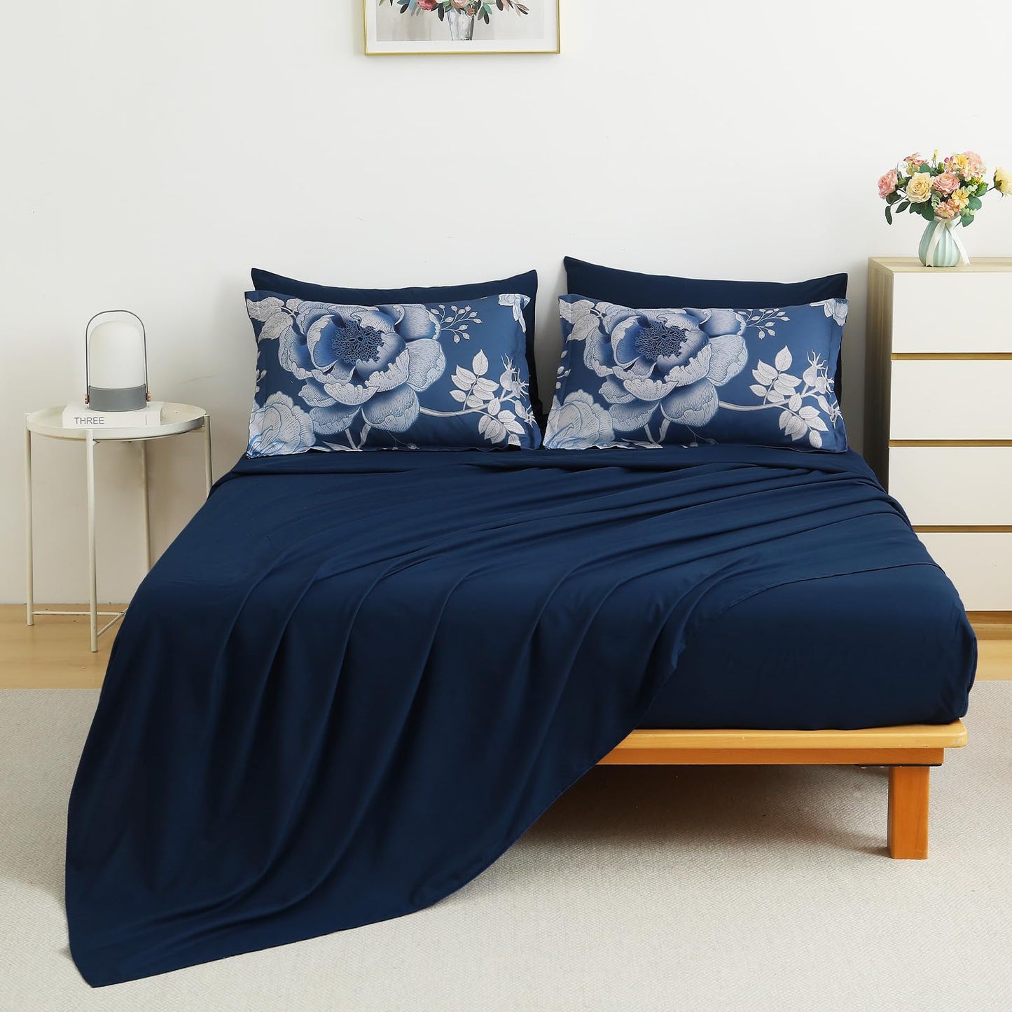 Luxudecor Floral Comforter Set King Size 7 Pieces Bed in a Bag,Flower Print on Blue Bedding Set,Soft Microfiber Bedding Set for All Season (Blue,104"x90")