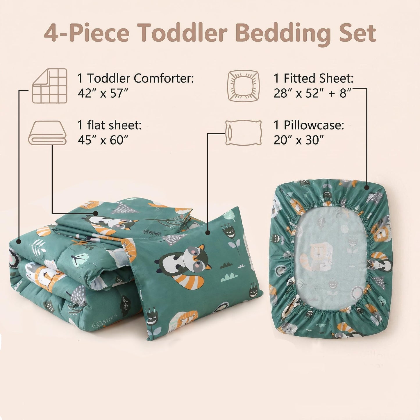 JSD Green Forest Animals Toddler Bedding Set, 4 Piece Bed-in-Bag Toddler Comforter Sheet Set, Machine Washable