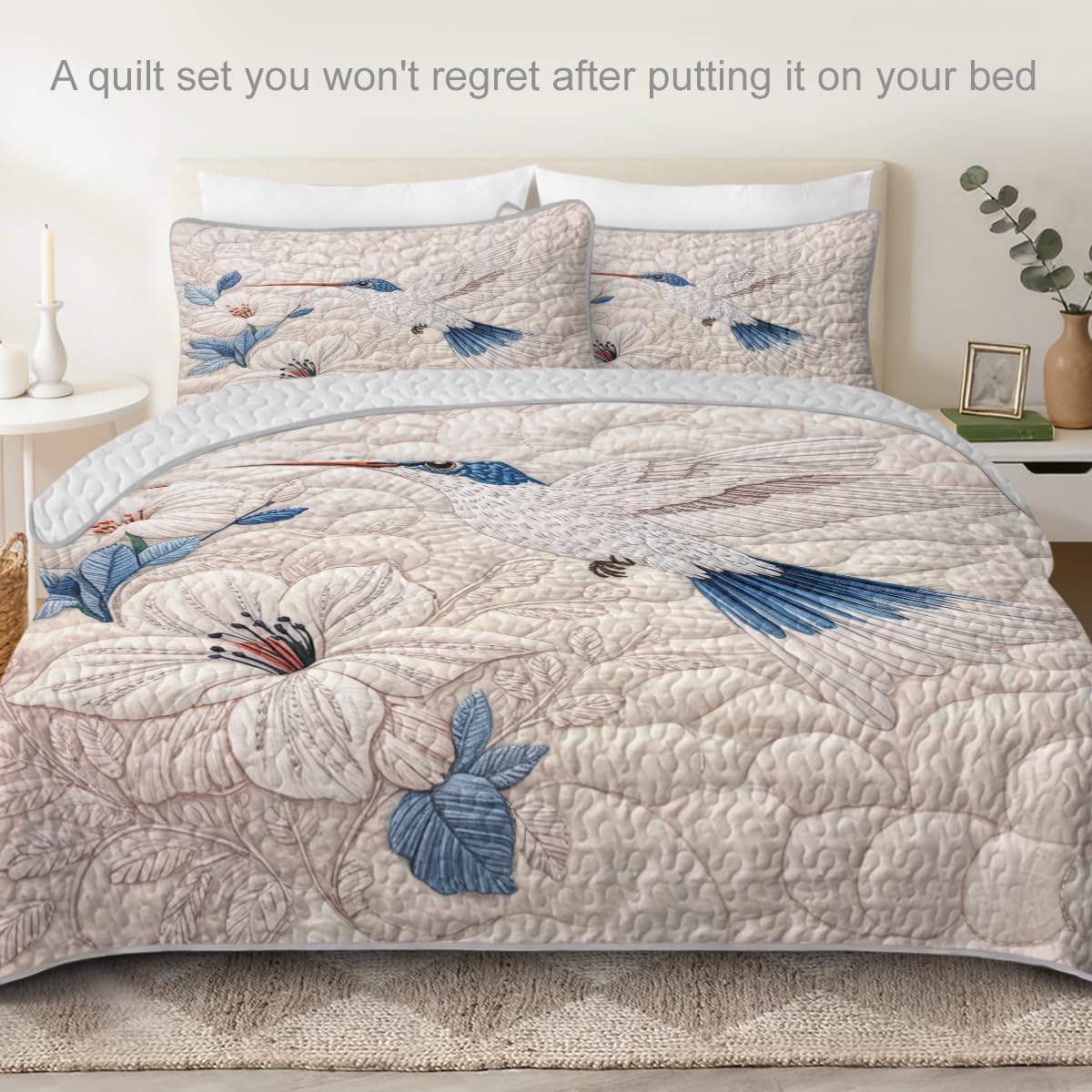 ARIGHTEX Flower Bird Quilt Set Queen Size Minimal Blue Hummingbird Floral Bedding Set Lightweight Botanical Quilt Soft Microfiber Bedspread Modern Coverlet Set with Pillow Shams