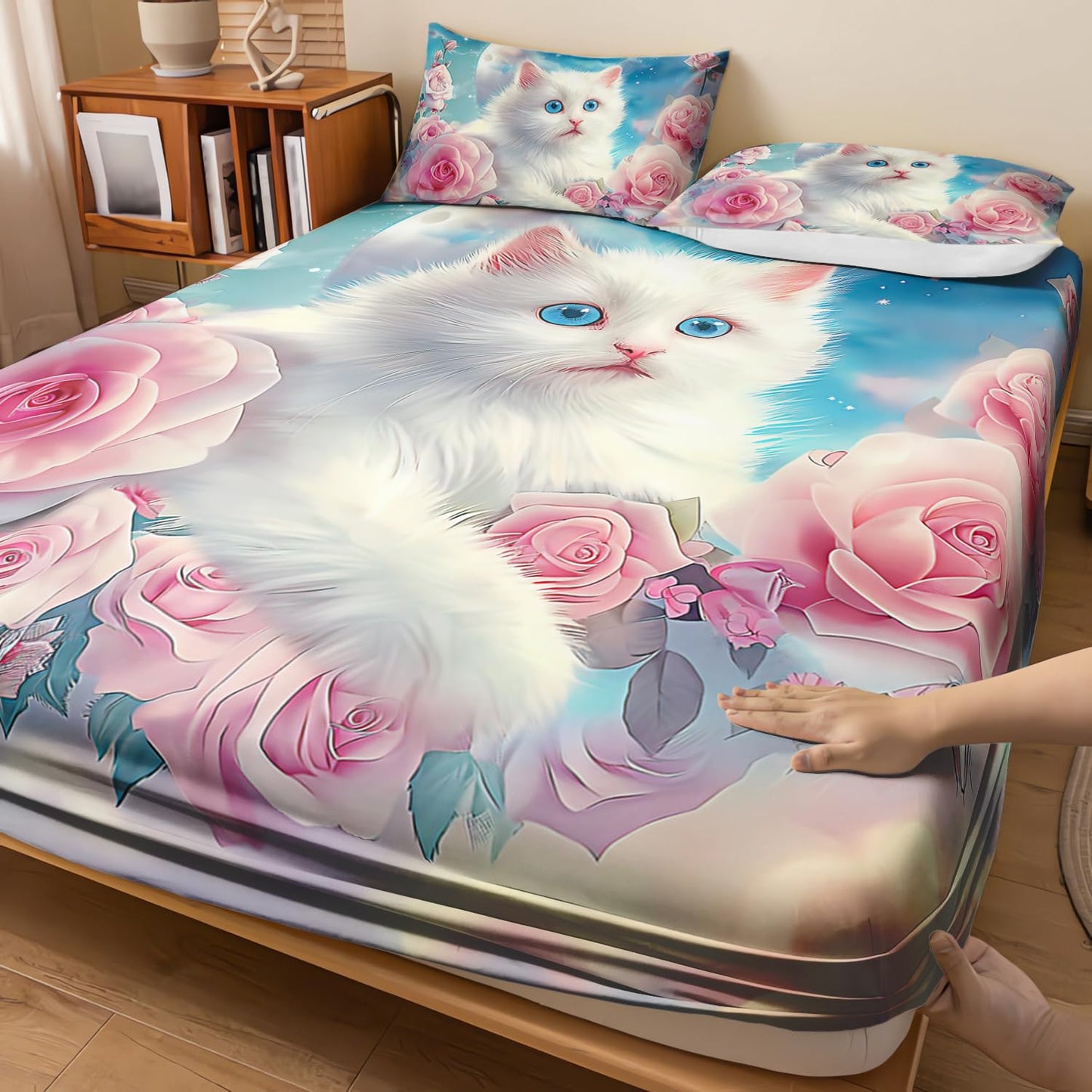 AILONEN 3D Beautiful Cat Fitted Sheet Set Twin Size, Kawaii White Kitten Bedding Set for Kids,Girls,Moon with Pink Rose Bed Sheet Set for All Season,1 Fitted Sheet + 2 Pillowcases,Breathable