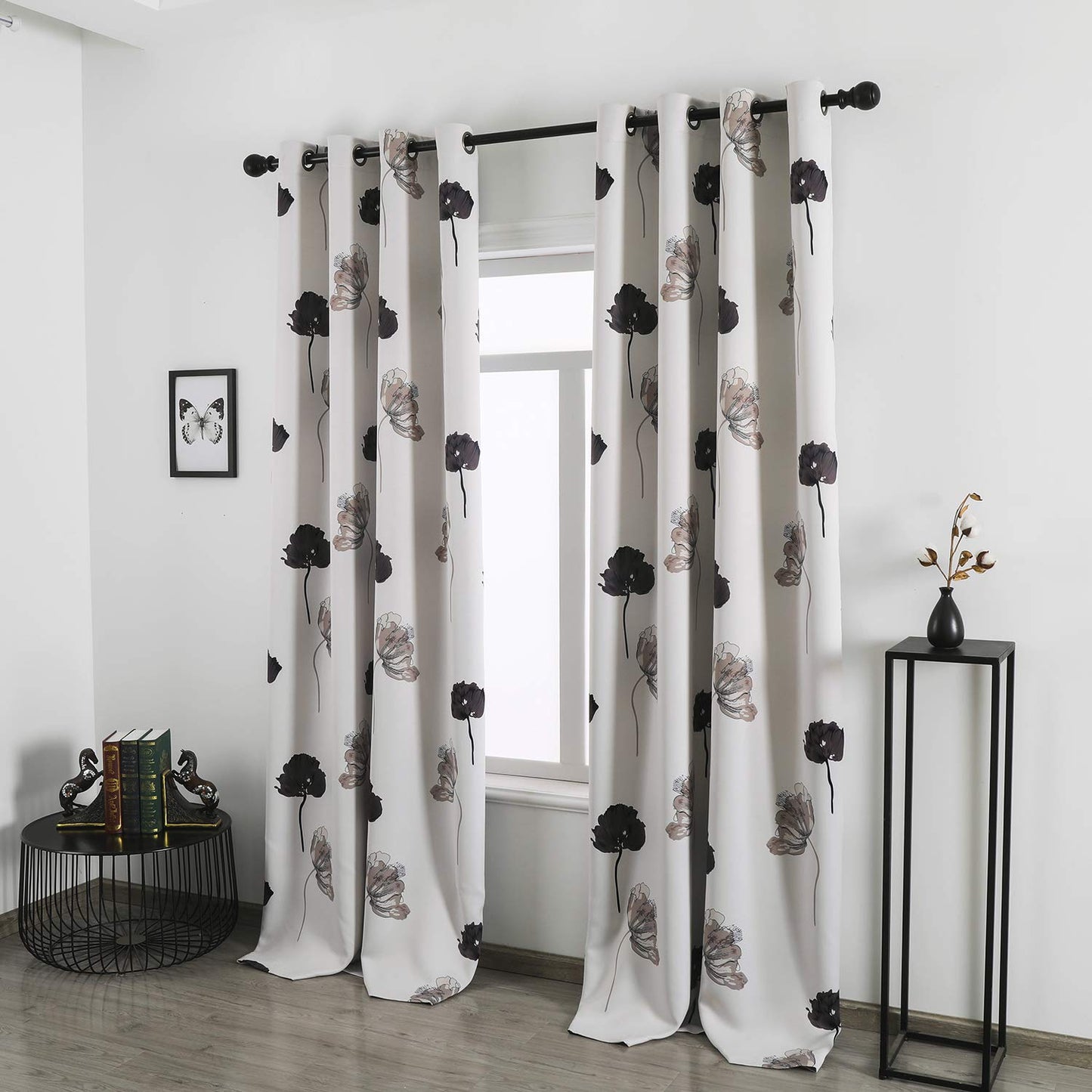 Taisier Home Floral Print Thermal Insulated Bedroom Heat Absorbing Room Darkening Energy Efficient Savings Living Room Window Curtain Grommet Panels, Set of 2, 52 W x 95 L, Black/Grey/Brown