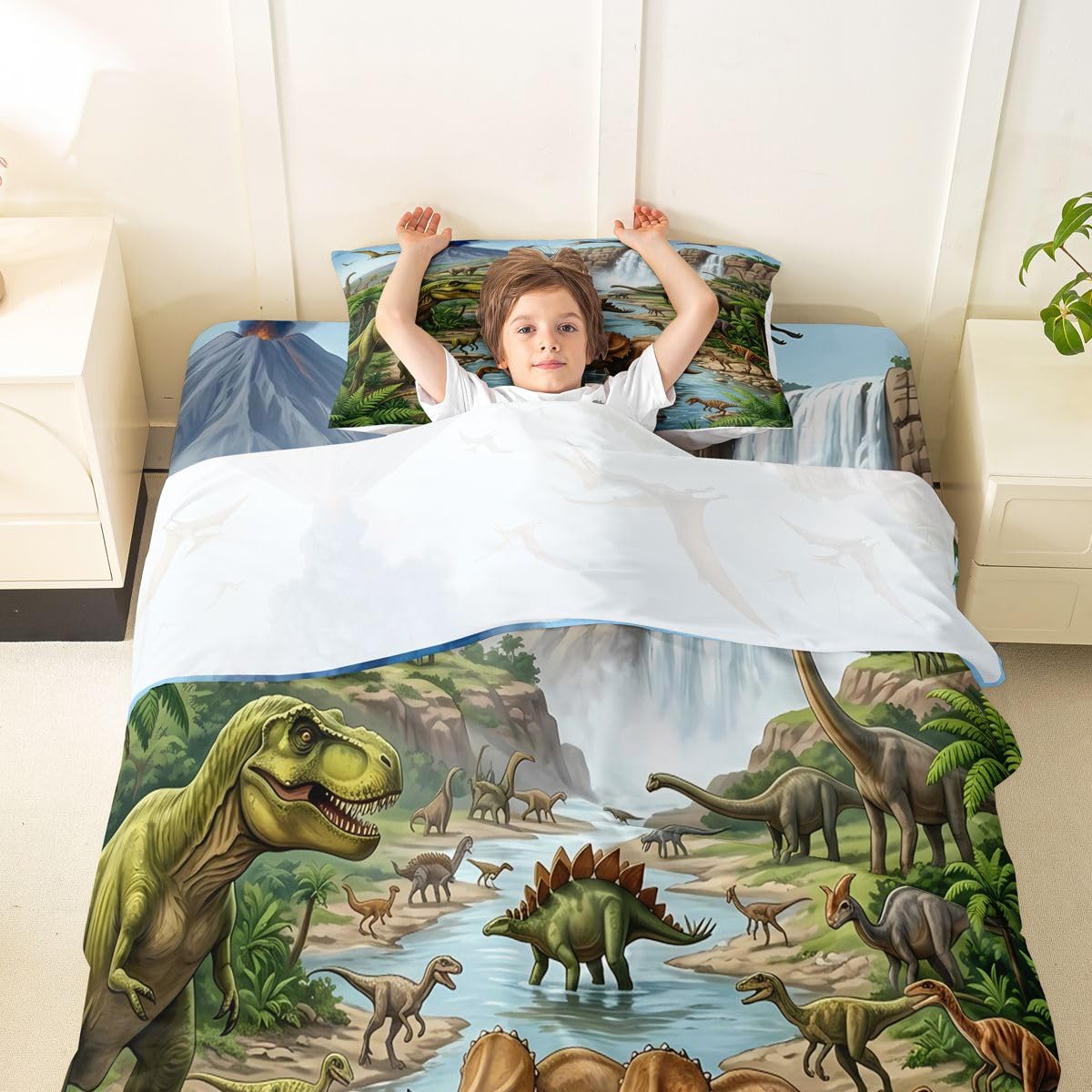 Feelyou Dinosaur Bed Sheets Sets Twin Size Kids Boys Girls 3D Digital Print Bedding Set Jungle Dino Bed Sheet Set with 16-Inch Deep Pockets Wild Animal 3Pcs with 1 Pillow Cases Green Blue and White
