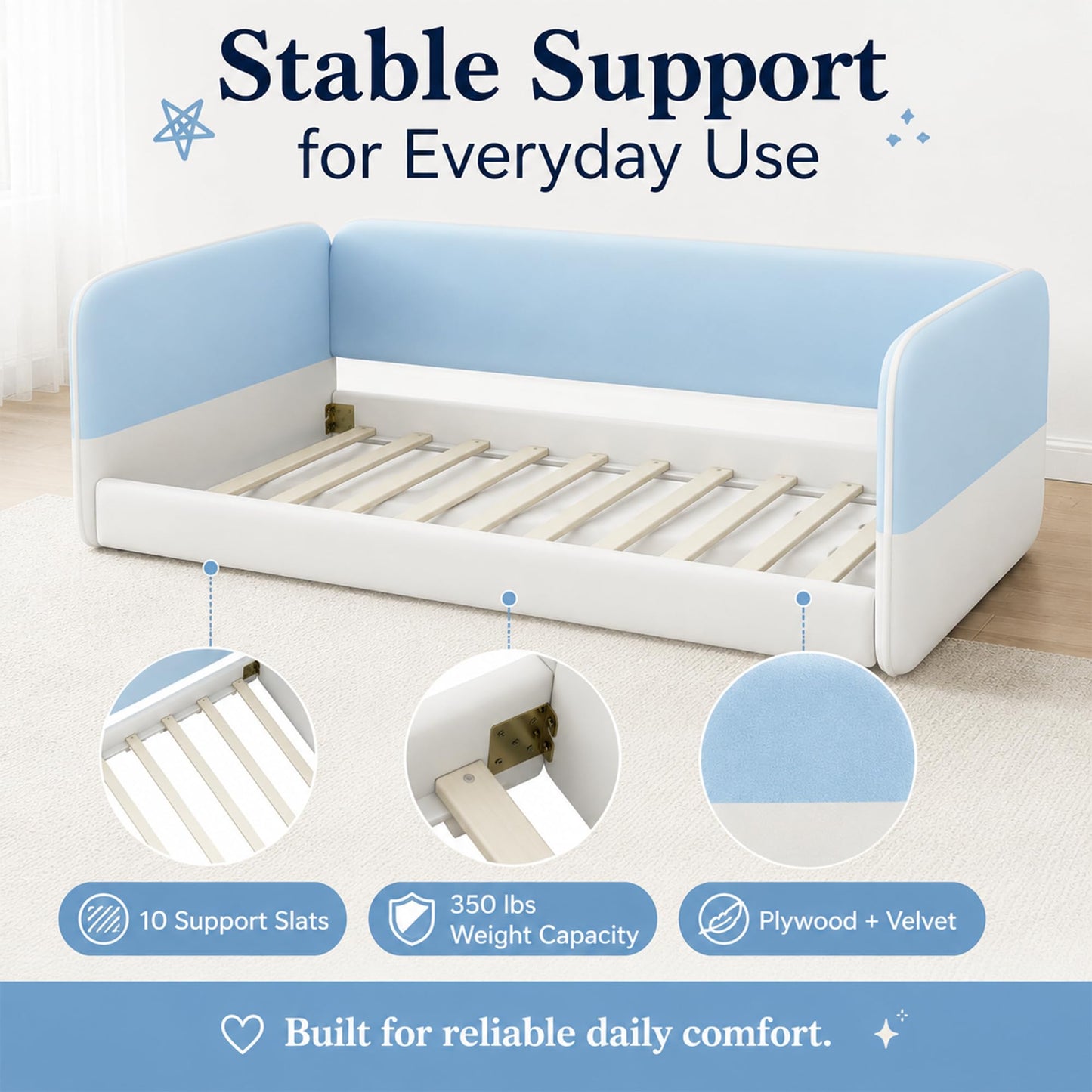 Twin Size Montessori Floor Bed with Upholstered Headboard and Armrests, Velvet Twin Floor Bed Frame with Protective Side Panels, Low Profile Platform Daybed for Kids, No Box Spring Needed, Blue