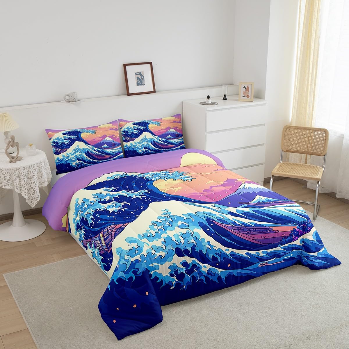 Feelyou Japanese Wave Bedding Set for Kids Boys Girls Queen Size Fuji Mountain Comforter Set Ultra Soft Japanese Style Comforter Sunset Duvet Quilt Bedroom Decor Ocean Wave Quilt
