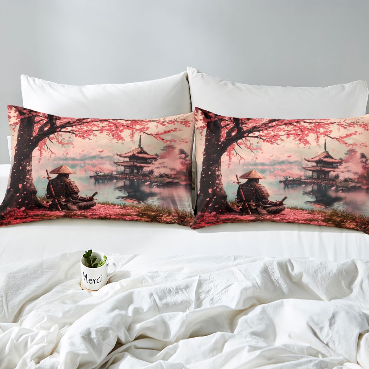 jejeloiu Samurai Duvet Cover Full Size Japan Style Comforter Cover for Boys Girls Cherry Blossoms Bedding Set 3Pcs Japanese Ukiyoe Room Decor