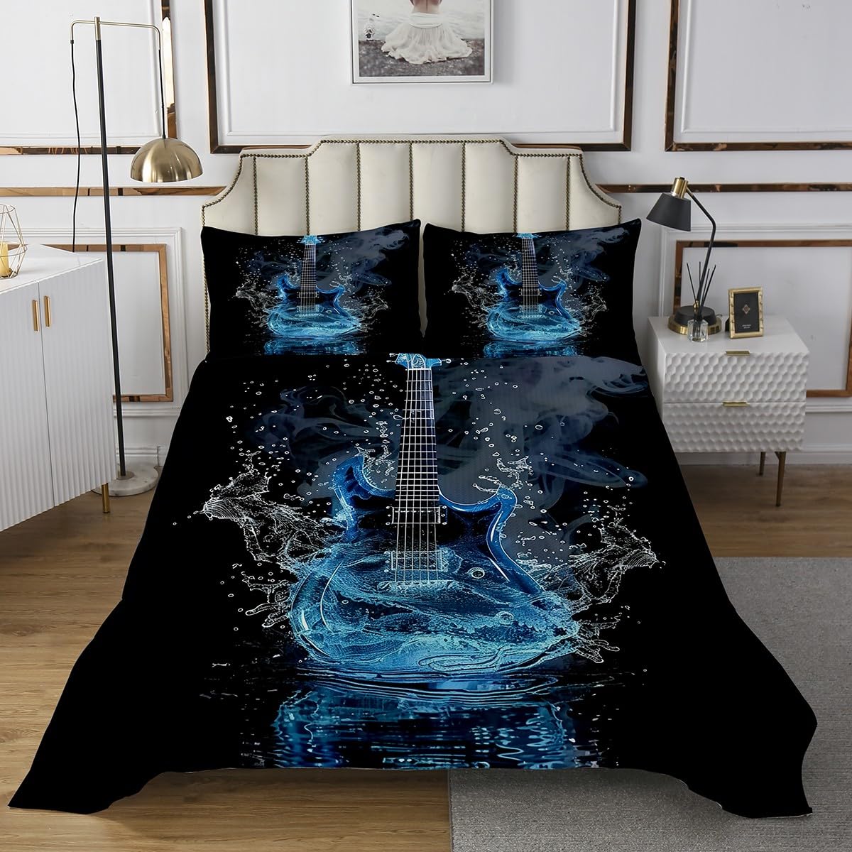 Homewish Music Guitar Bedding Sets King Size,Hip-pop Music Bedspread 3Pcs for Kids Girls Boys Adult Room Decor,Electronic Musical Quilt Comforter Blue Black Coverlet,2 Pillowcases