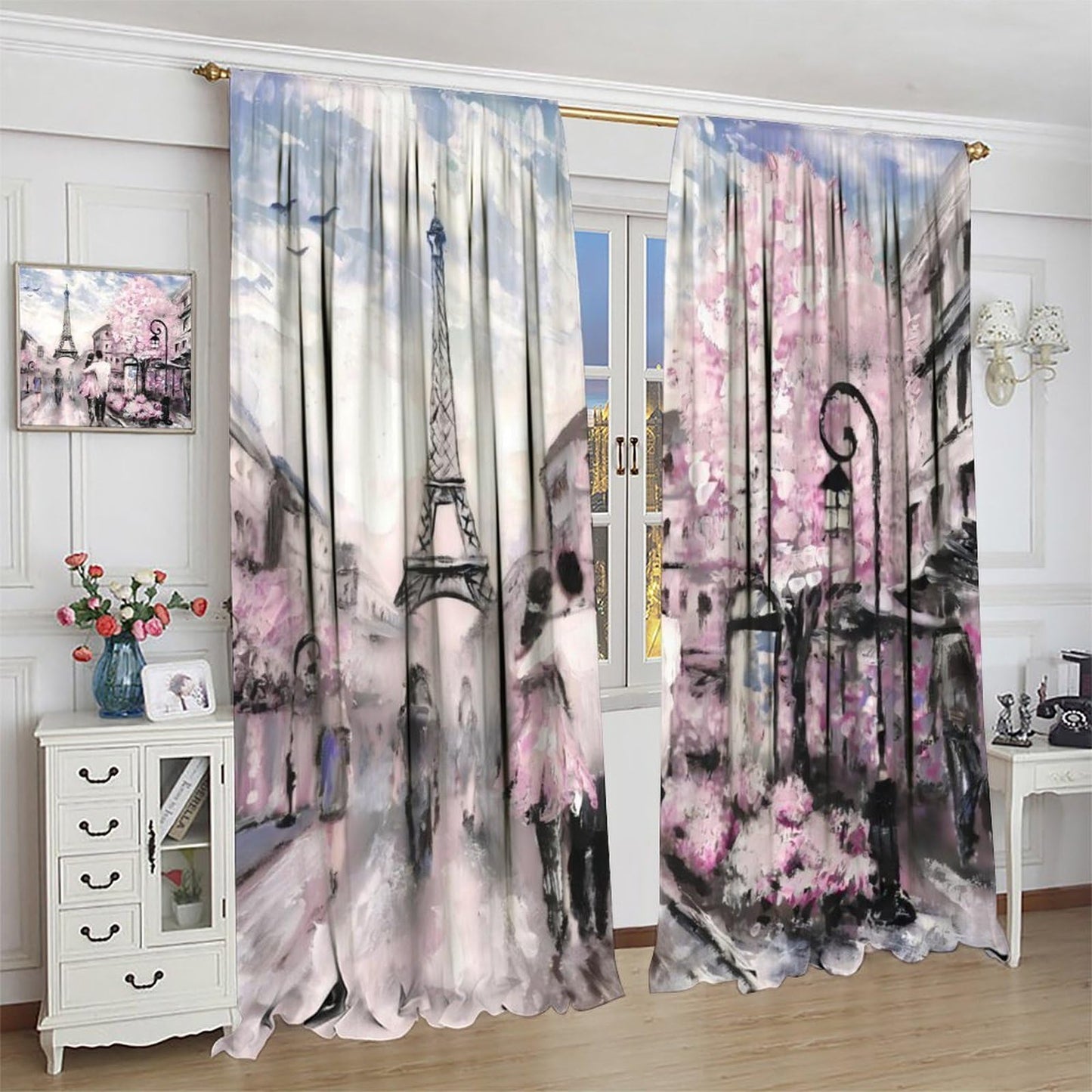 French Eiffel Tower Curtains Paris City Architecture Pink Themed Romantic Decor Oil Painting Style Rod Pocket Window Treatments For Living Room Girls Women Bedroom 2 Panels Set 41" x 45" （No Blackout）