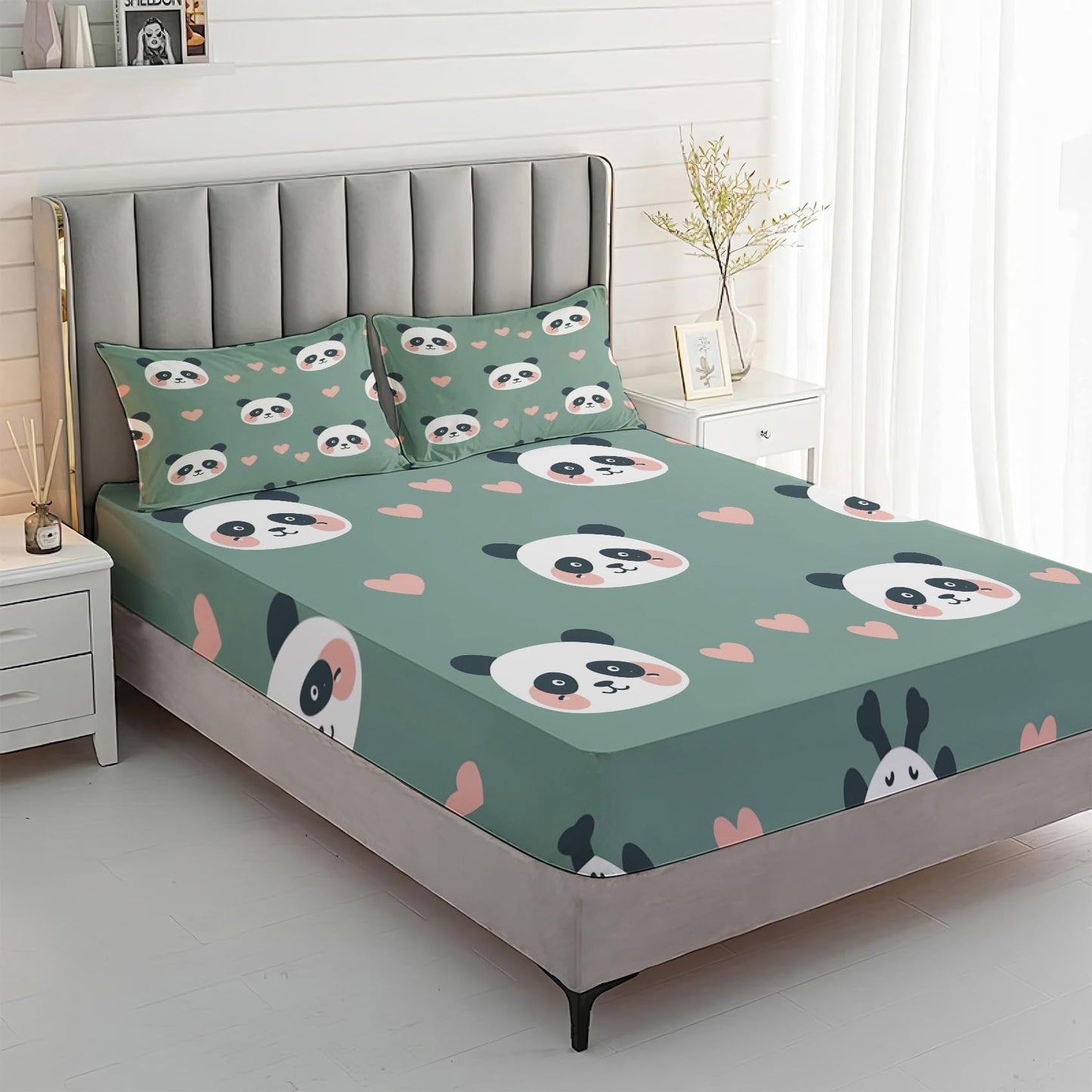 MPNVYU Kid Sheets Queen Sheet Set, Cute Panda Bed Sheets, Kawaii Black White Bear Bedding Bedroom Decor, Soft Microfiber Deep Pocket Fitted Sheet & Flat Sheet & 2 Pillowcases