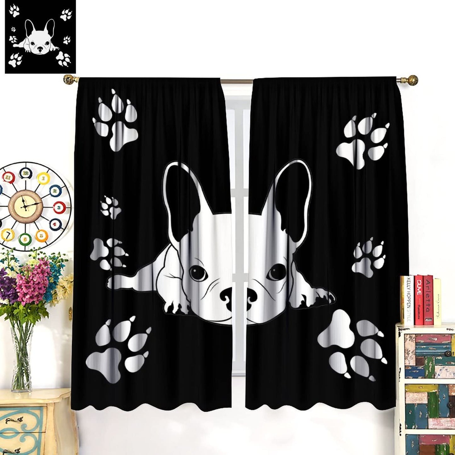 Kazynee Cute French Bulldog Rod Pocket Blackout Curtains for Bedroom - Black White Abstract Hand Painted Dog Paw Puppy Window Drapes,2 Panels 45L x 21W Thermal Insulated Room Darkening Curtains