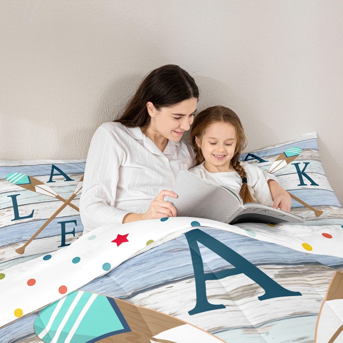 Castle Fairy Wooden Stripes Comforter Set for Kids Room Decor Rowing Boating Oar Print Bedding Comforter Queen Size Rustic Nature Lodge Cabin Soft Polyester Quilt Set with 2 Pillowcases