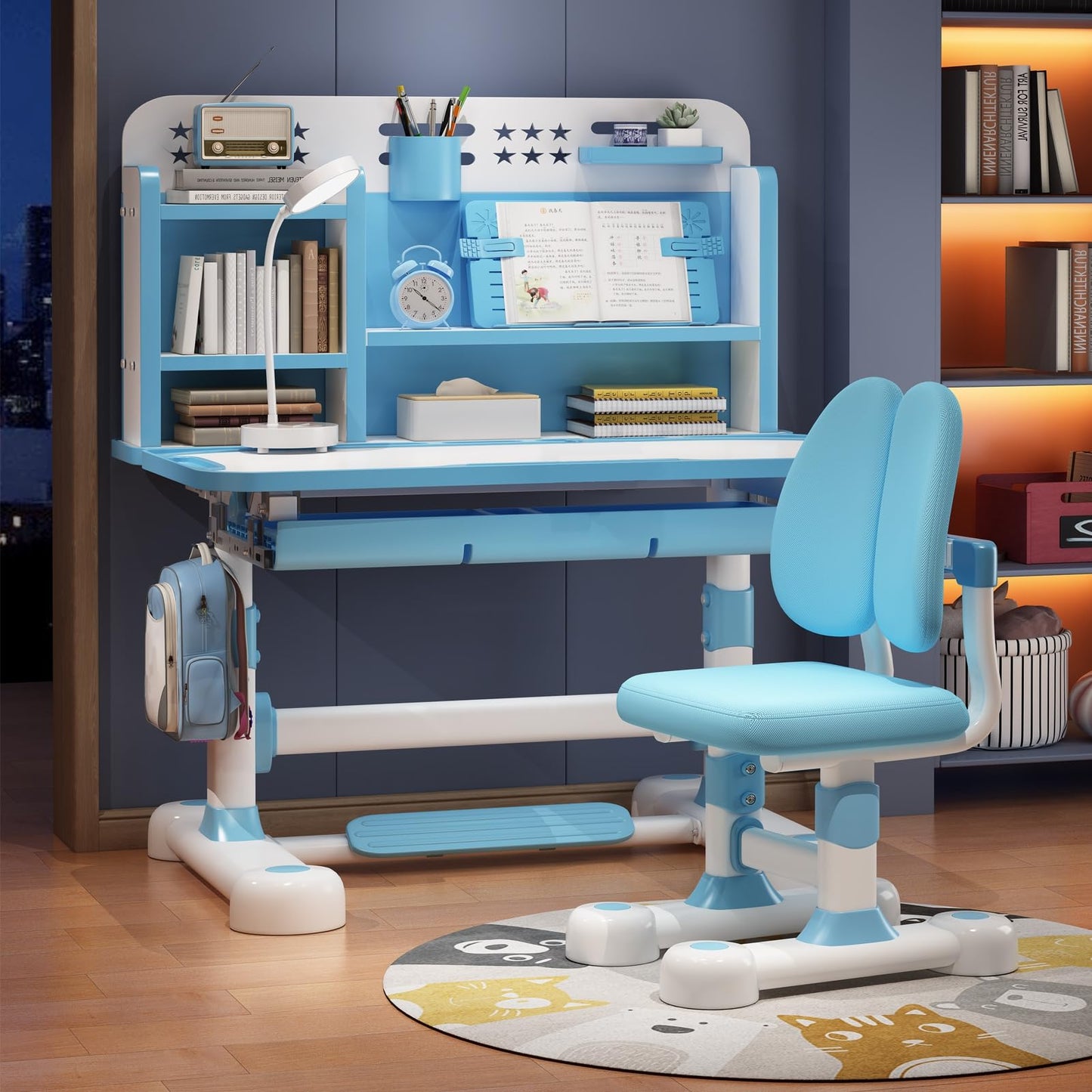 sexaoalx Height Adjustable Study Desk Chair Set for Kids, Children School Study Table Chair Set with Sitting Corrector, Ergonomic Desk Chair with Book Stand, Foot Pedal, Partition Design 2Pcs/Set (P