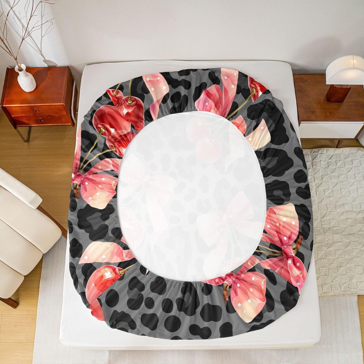 jejeloiu Black Cherry Bow Fitted Sheet Twin Size for Kids Boys Girls Leopard Print Bowknot Bed Sheets Set 16" Deep Pocket Dreamy Princess Bowknot Bedding with 1 Pillowcase Room Decor