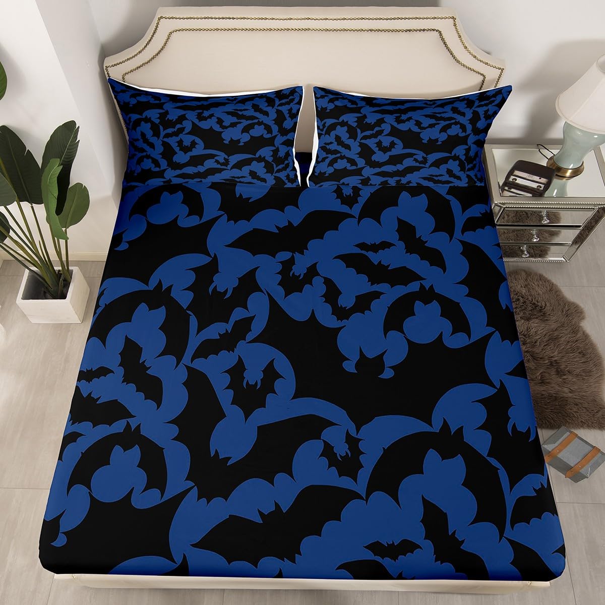 Castle Fairy Halloween Themed Bed Sheet Set for Boys Girls,Black Bats Animal Print Bed Sheet Set Full Size Bedding Set,Dark Navy Blue Color Fitted Sheet and 1 Flat, 2 Pillow Sham