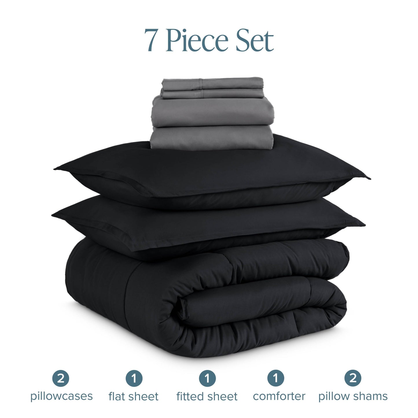 Bare Home Bed-in-A-Bag 7 Piece Comforter & Sheet Set - Queen - Goose Down Alternative - Ultra-Soft 1800 Premium Bedding Set (Queen, Black/Grey)