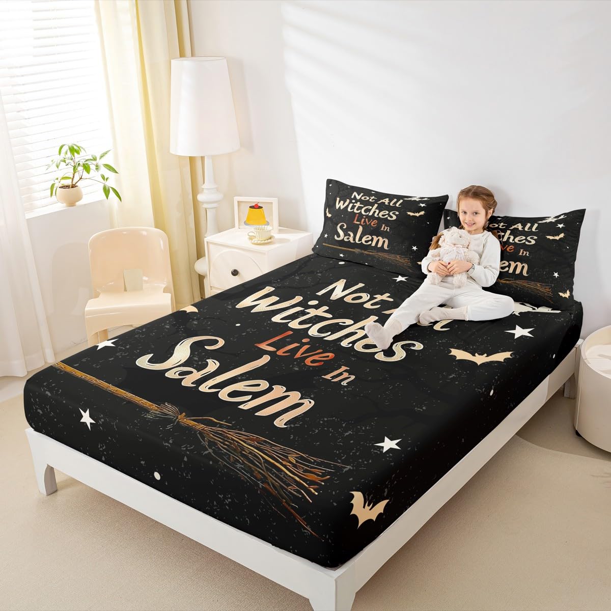 Feelyou Halloween Decor Fitted Sheet with 2 Pillowcases Full Size Witch Bed Sheets Set 16" Deep Pocket Boys Girls Magic Broom Bedding Happy Halloween Teens Bedroom Decor Breathable Soft