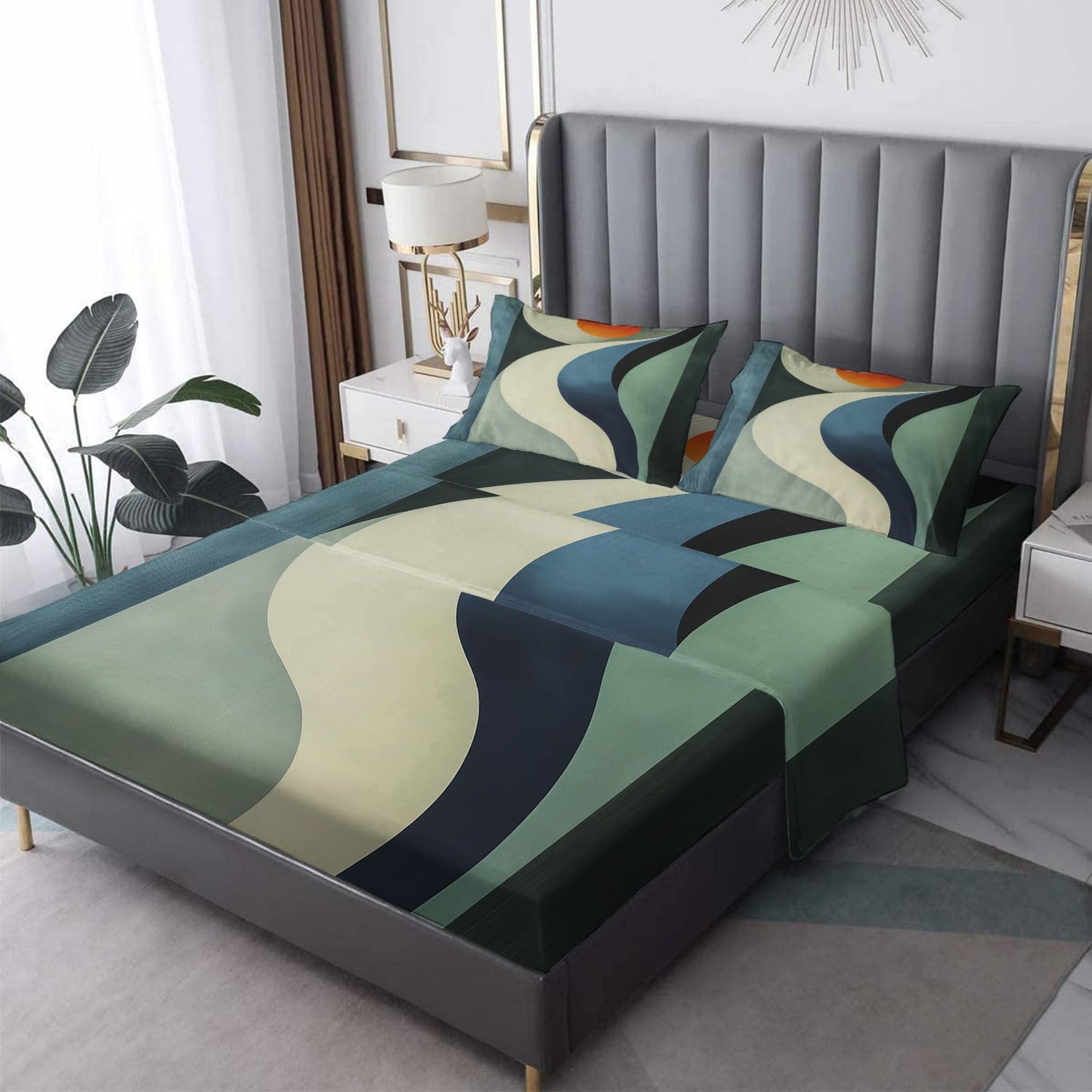 NOGAWA Abstract Sheets Full Size, Retro Geometric Bed Sheets, Patterned Bedding Sheets & Pillowcases 4 Piece Set - Soft Microfiber Deep Pocket Fitted Sheet & Flat Sheet & 2 Pillow Cases