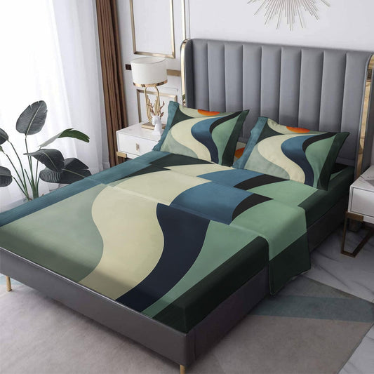 NOGAWA Abstract Sheets Full Size, Retro Geometric Bed Sheets, Patterned Bedding Sheets & Pillowcases 4 Piece Set - Soft Microfiber Deep Pocket Fitted Sheet & Flat Sheet & 2 Pillow Cases