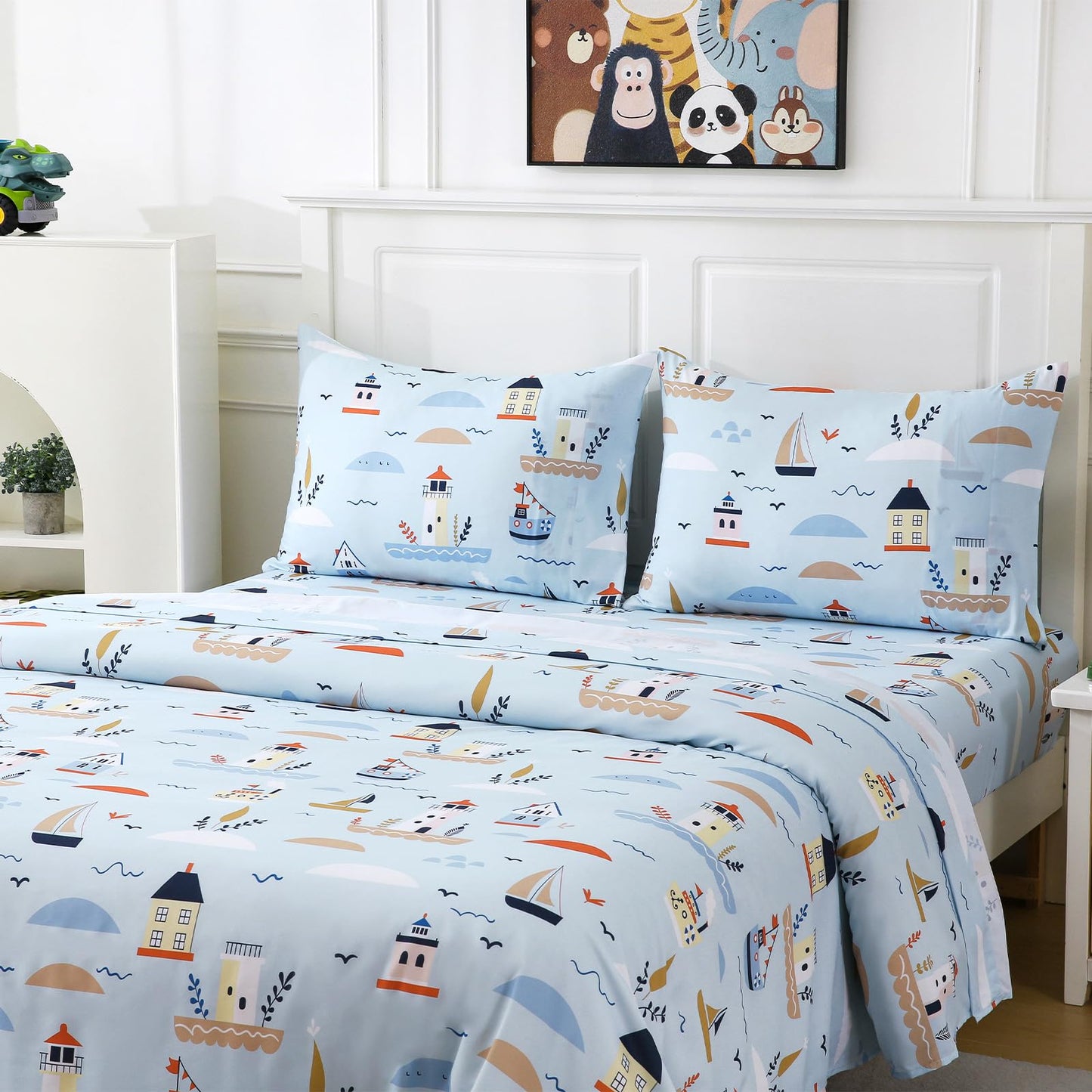 MCO Sailboat Kids Full Size Bed Sheets, Soft Microfiber Full Size Sheets for Boy Girls, 4 Pieces Breathable Full Bed Sheet Lighthouse