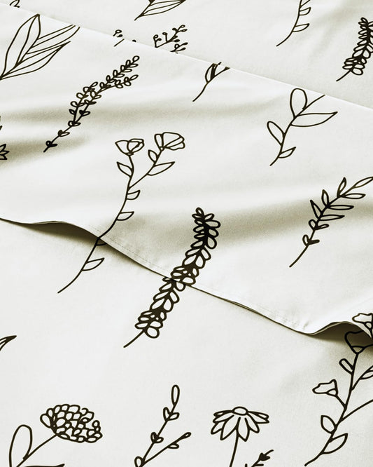 Floral Sheets - Black & White Floral Bed Sheet Set - 1 Flat, 1 Fitted & 2 Pillowcases w/ Deep Pockets - Wrinkle & Fade Free - Boho Botanical Bedding - Ultra-Soft, Breathable & Cooling - Queen Size Set