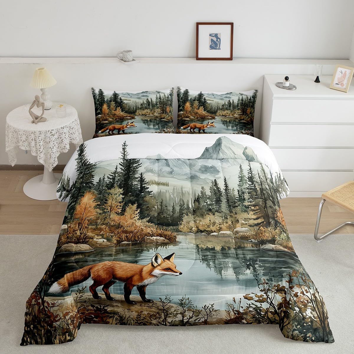 Fox Woodland Bedding Set Full Size,Woodland Pine Tree Comforter Set for Kids Girls Boys Adults Room Decor,Lake Mountain Wildlife Duvet Insert 3Pcs,Nature Botanical Soft Quilt Set,2 Pillowcases