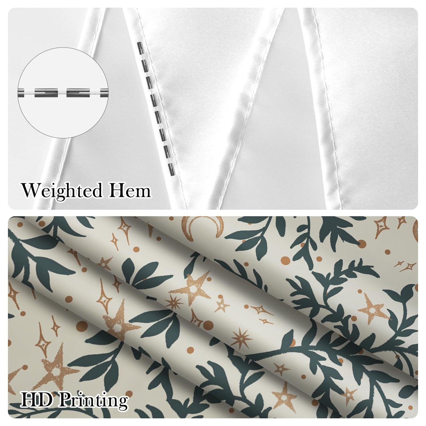 NAEMBCU Botanical Celestial Shower Curtain with Hooks - 72x72 Inch Waterproof Fabric Bathroom Curtain with Green Leaf & Moon Star Pattern, Bath Curtain for Boho Aesthetic Interiors