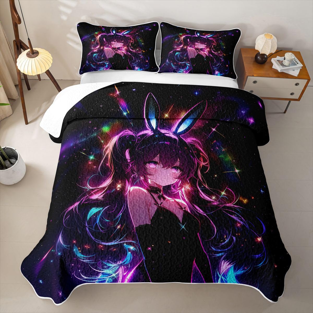 Erosebridal Cute Bunny Girls Quilts Twin Size - Japanese Anime Girl Bedspread Coverlet Set, Cartoon 3D Quilt Coverlets 2Pcs (Only 1 Pillowcase)
