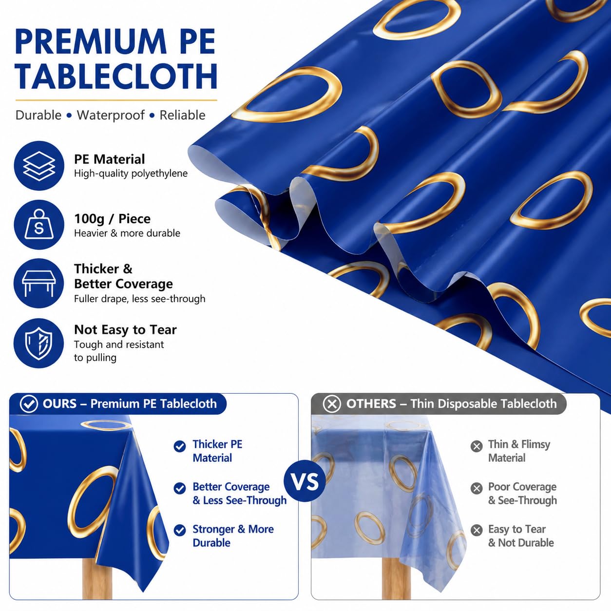 ANLLECR 3Pcs 108 x 54 Inches Blue with Gold Ring Print Tablecloth，Blue Disposable Rectangle Plastic Table Cover for Boys Girls Birthday Party Decoration
