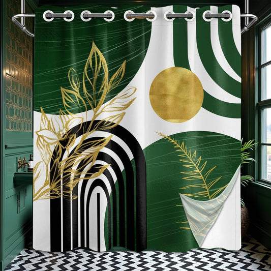 Bxpaitx Olive Green and Gold Hookless Shower Curtain with Snap in Liner Set, Bohemian Emerald Green No Hook Shower Curtains for Mid Century Modern Bathroom, Waterproof Cloth Fabric, 71x74 in