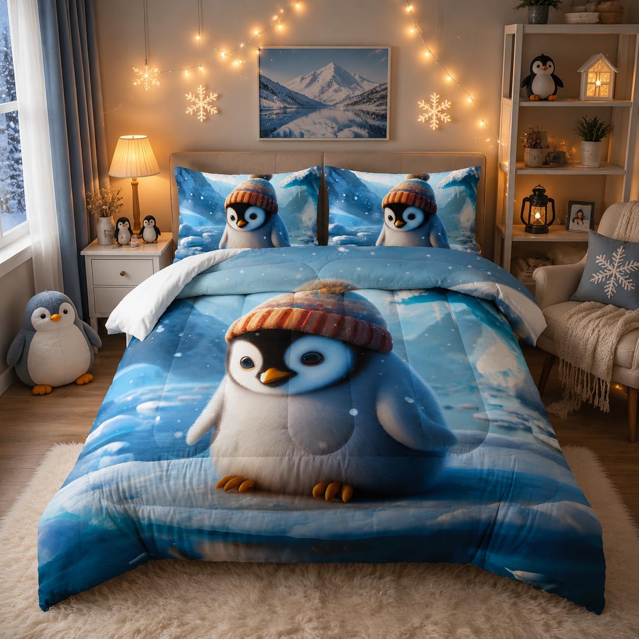 Kawaii Blue Penguin Comforter Set for Boys Kids,3 Pieces Cartoon Ice Penguin Bedding Set Queen Size Cute Penguin Lightweight Down Alternative Comforter with 1 Comforter 2 Pillowcase All Seasons