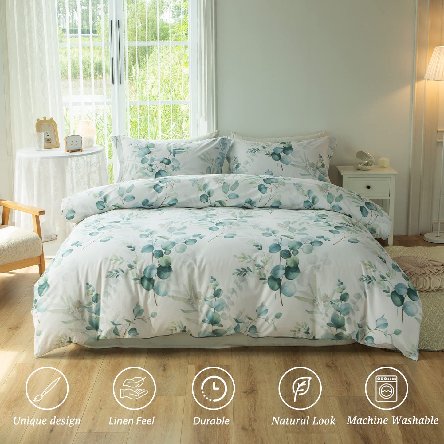 MILDLY Duvet Cover Leaf Pattern- 100% Washed Cotton Eucalyptus Printed Sage Green Comforter Cover Linen Feel Bedding Set with Zipper Closure 4 Ties Queen Size