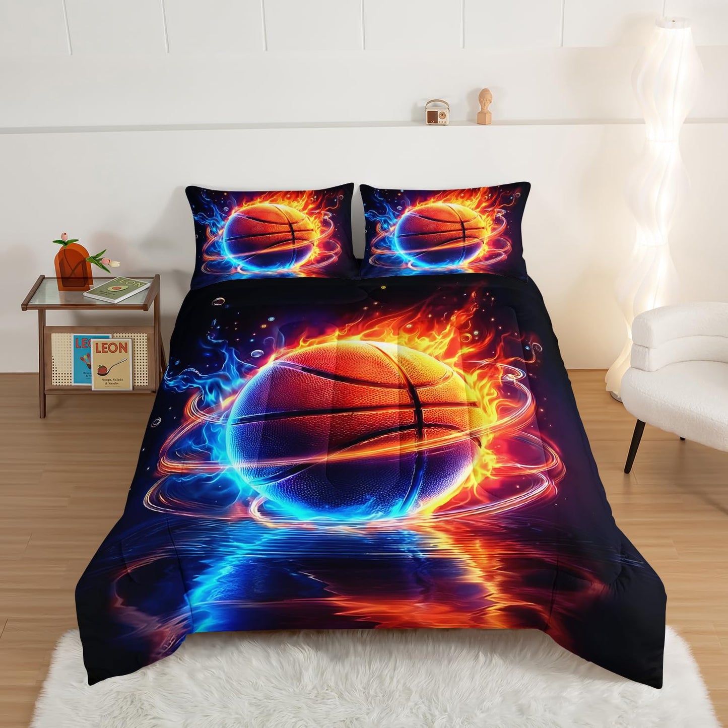 HOSIMA Twin Bedding Sets for Kids,Basketball Wrapped in Red Blue Flames,Cool Extreme Sports Bedding for Teens Boys Room Decor,Soft Lightweight Basketball Comforter with 2 Pillowcases.