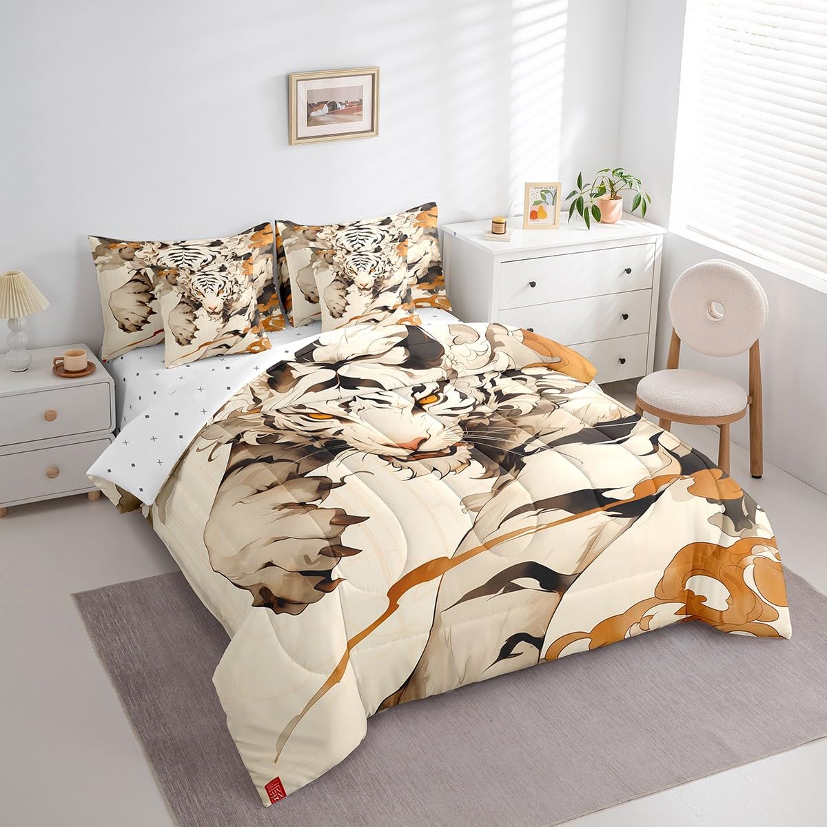 Erosebridal Tiger Full Comforter Set 7-Piece Woodland Wild Animal Bedding Sets Oriental Japanese Style Bed in A Bag 3D Cartoon Bed Sheets Set Youth Teenage Beige Room Decor,Soft for All Season