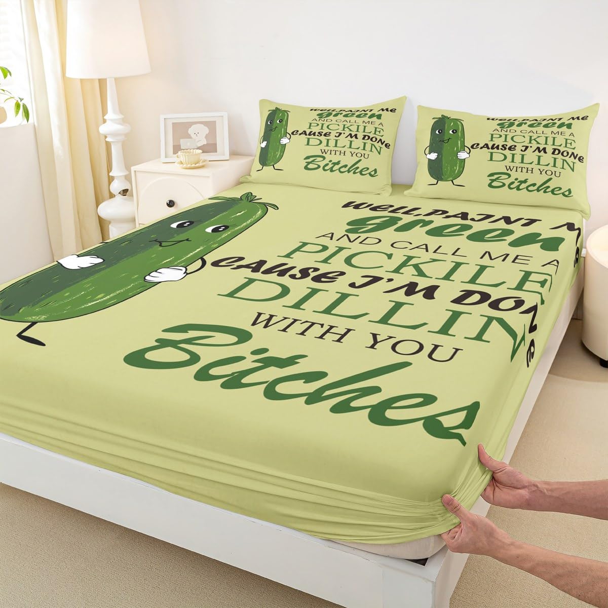 Feelyou Kids Pickles Sheet Set Twin Size Cute Pickles Bed Sheets Set for Boys Teens Decor Funny Cucumber Print Sheets with Deep Pocket Fitted Sheet Green Vegetable Bedroom 3Pcs