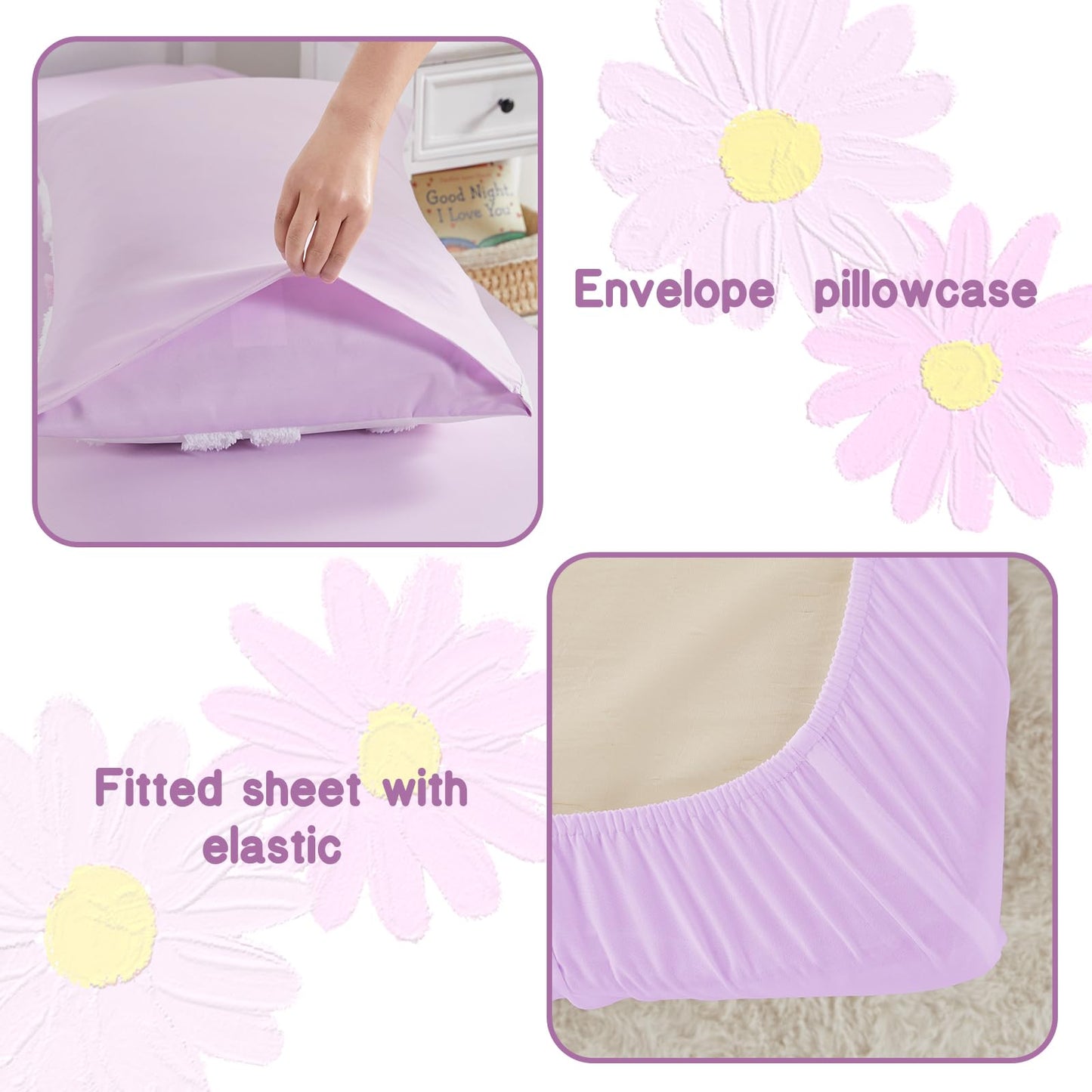 Toddler Bedding Set for Girls 4-Piece Purple Boho Tufted Daisy Flowers Toddler Bed Comforter Set Bed-in-a-Bag Toddler Sheets Bedroom Set with Toddler Comforter, Flat Sheet, Fitted Sheet, Pillowcase
