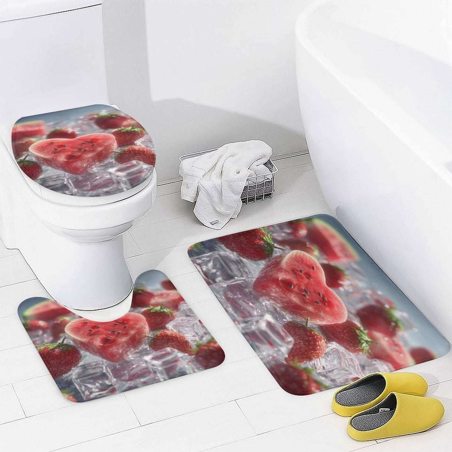 INSFBRB Realistic Rustic Watermelon Shower Curtain Sets with Rug,Toilet Lid Cover and Bath Mat,Colorful Modern Summer Ice Cubes Fruit Watermelon Strawberries 4 Piece Bathroom Set