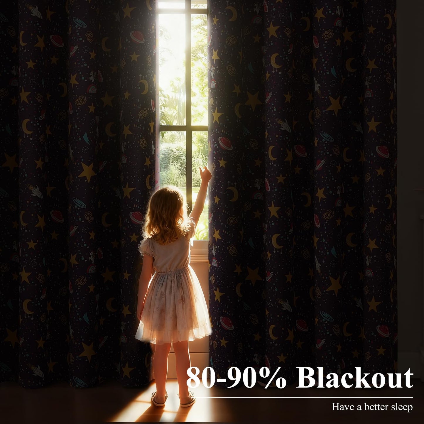 Estelar Textiler Unicorn & Rocket Theme Purple Blackout Curtains 72 Inch Long 2 Panel, Room Darkening Thermal Insulated Drapes for Nursery Bedroom, Star Moon Curtains Decor for Kids Room, 38x72 inch