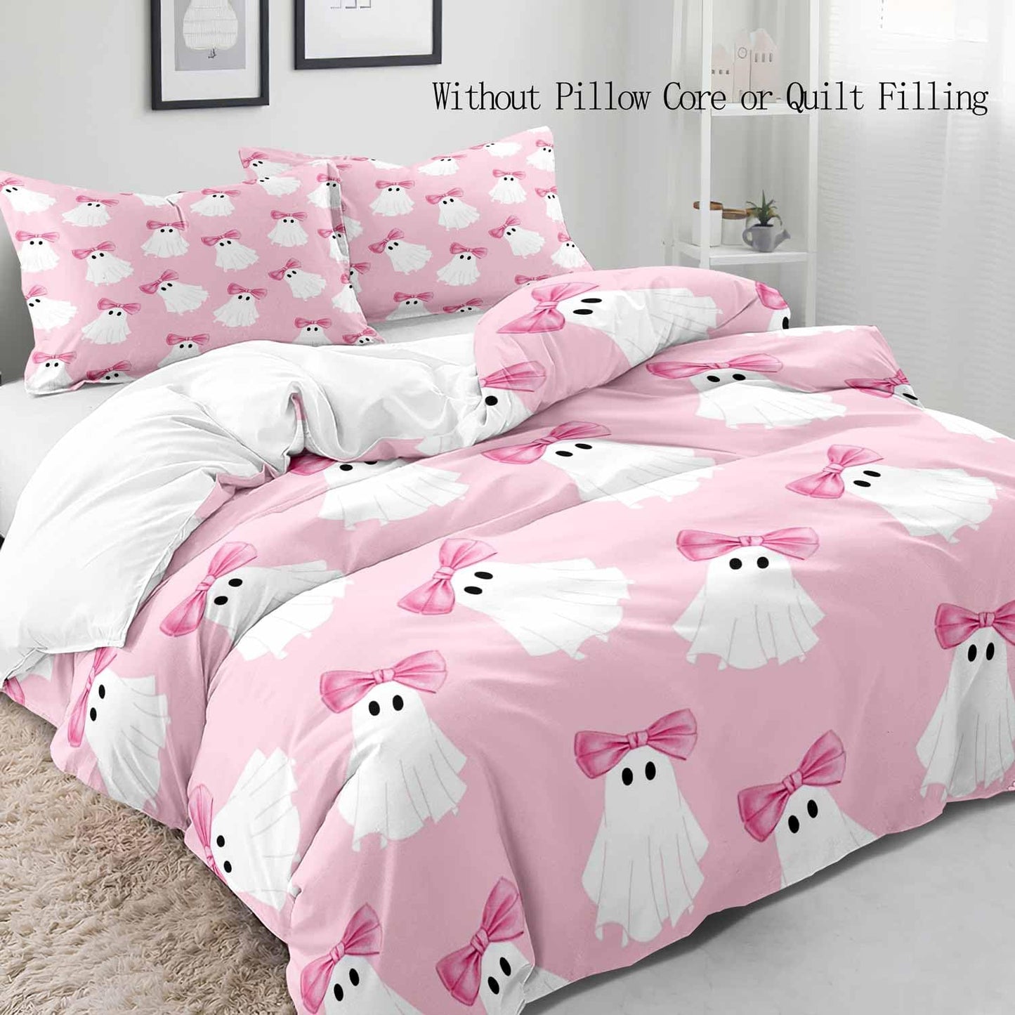 LUVIVIHOME 3PCS Pink Bow Kawaii Ghost Duvet Cover Queen Bedding Set, Teen Girl Bedding, Light Pink Duvet Cover, Halloween Spooky Cute Kids Comforter Cover, Coquette Room Decor Aesthetic 2 Pillow Cases