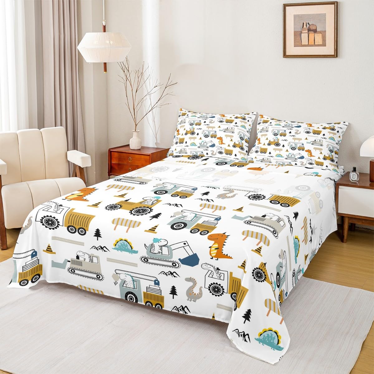 Feelyou Construction Bed Sheets Set Full Size Equipment Trucks Sheet Set for Kids Boys Girls Decor Dinosaur Sheets with Deep Pocket Fitted Sheet 3D Digital Print Yellow Bedding Set Bedroom