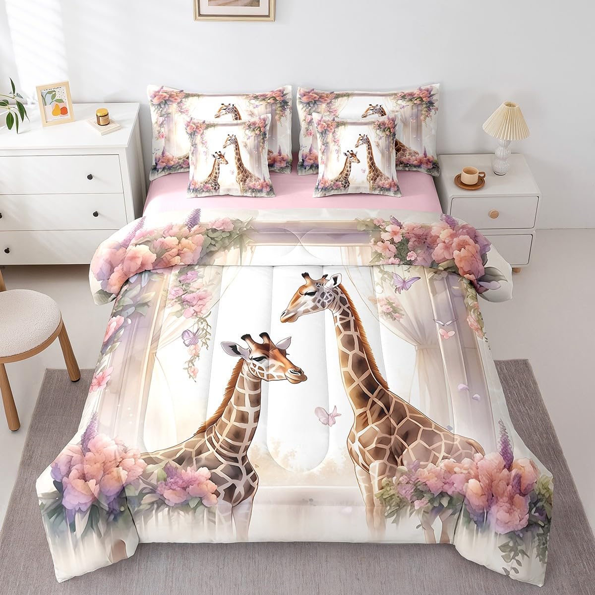 Giraffe 7Pcs Comforter Set Full Size,Pink Rose Flower Bedding Set for Kids Girls Boys Teens Room Decor,Wild Animal Bed in a Bag Romantic Couple Fitted Sheet Flat Sheet,2 Throw Pillow 2 Pillowcases