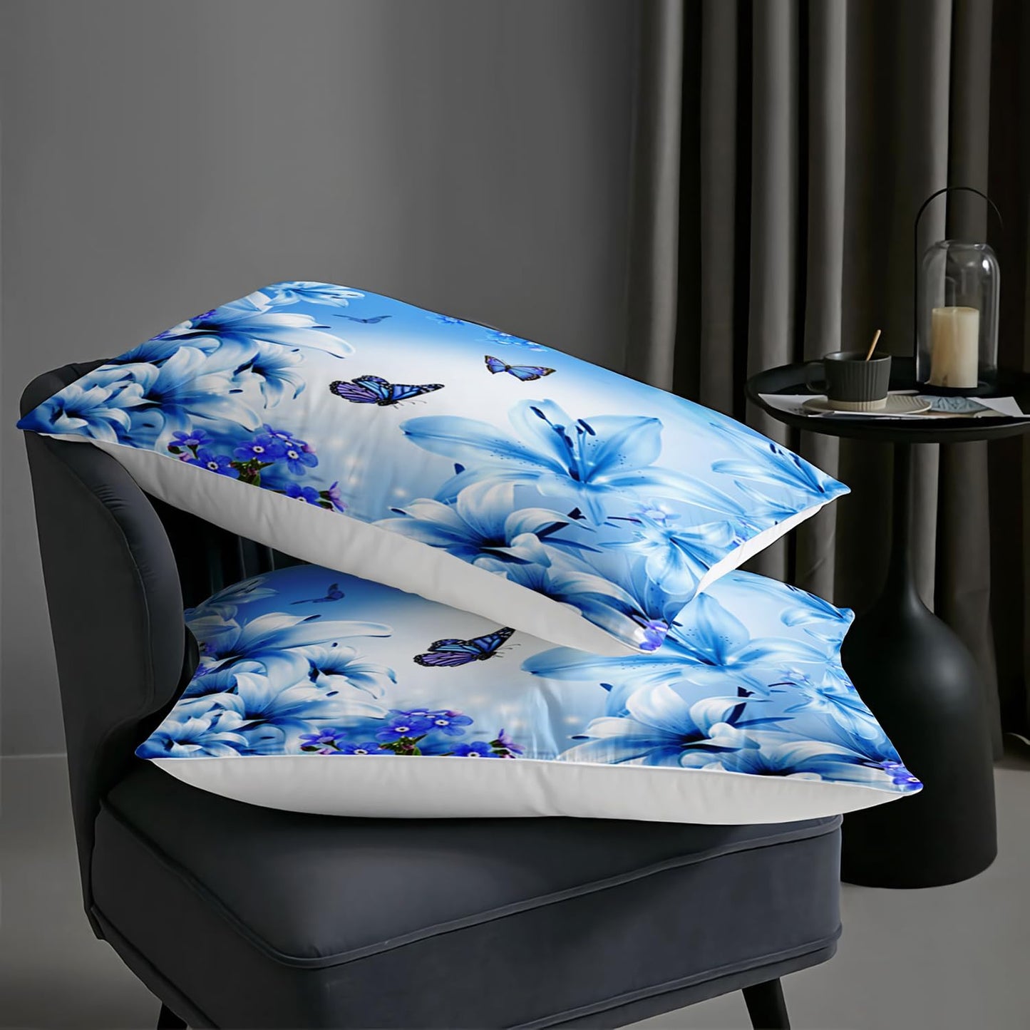 AILONEN Butterfly Girls Comforter Set Queen Size, Blue Lily Flowers Bedding Set for Kids Teen,Animals Botanical Floral Duvet Set 3 Pieces,1 Quilt and 2 Pillowcases