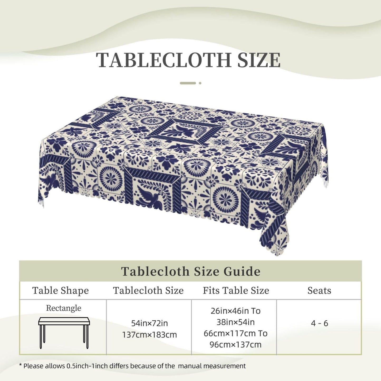VIMPEYDON Floral Bird Mexican Table Cloth for Dining Tables, Reusable Blue Patchwork Tiles Tablecloths Holiday Talavera Tile Tabletop Decoration Rectangle Table Cover for Home,Kitchen,Party,54x72Inch