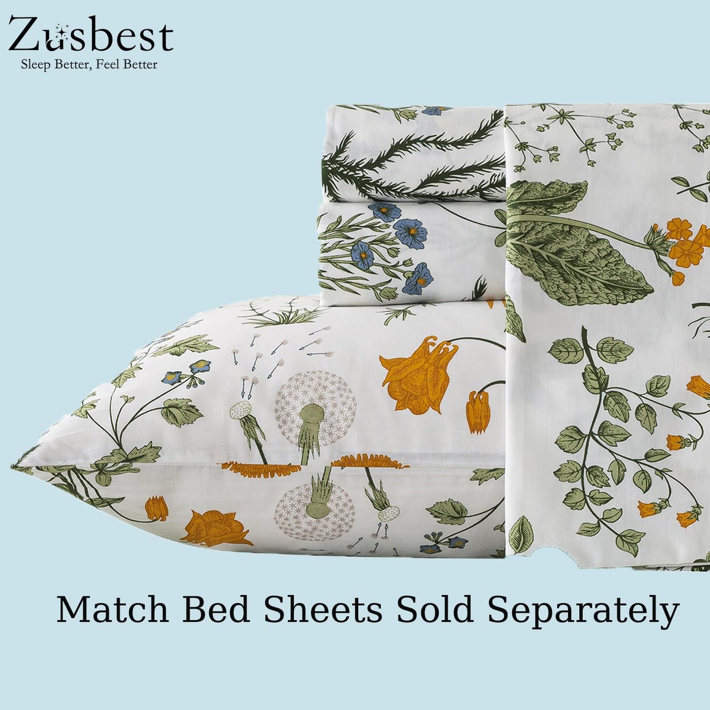 Zusbest Floral Duvet Cover King 100% Percale Cotton Botanical Garden Flower Printed Bedding Reversible Green Yellow Leaves Pattern Comforter Covers French Country Bedding Soft 3Pcs-Not Comforter