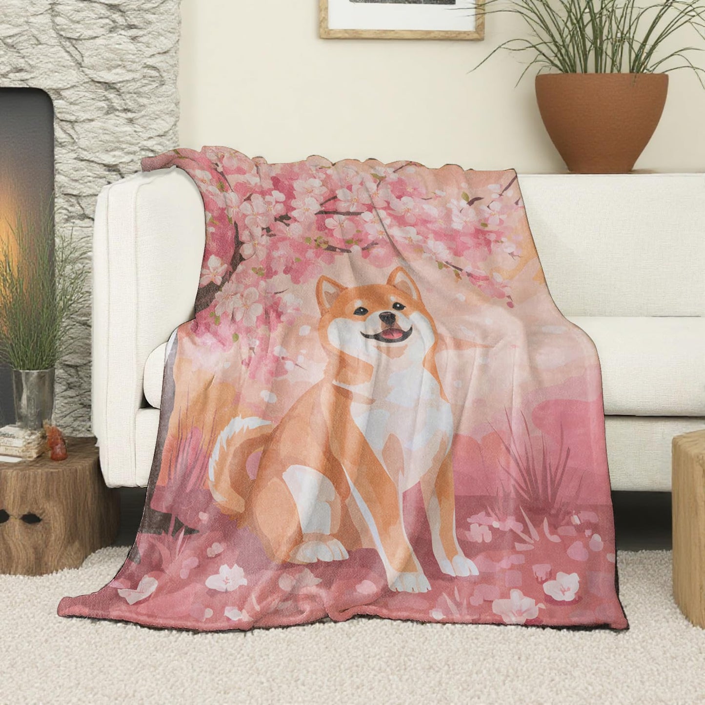 VOPNXLT Cute Shiba Inu Blanket, Soft Cozy Lightweight Adorable Dog Cherry Blossoms Throw Blanket for Girls Women Kids, Pink Aesthetic Sofa Couch Bed 50x60 Inch Flannel Blankets for Travel Decor Gifts