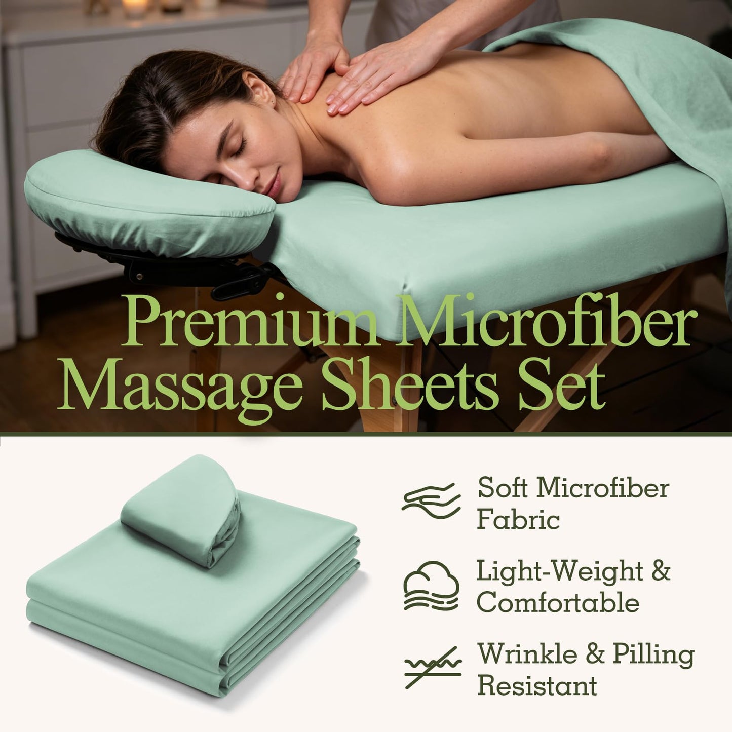 Comfyanno 3-Piece Massage Table Sheets Sets, Stain & Wrinkle Resistant, Soft Microfiber, Quick Drying, Professional Spa Therapy Bed Sheets, Includes Flat & Fitted Sheet, Face Cradle Cover -Sage